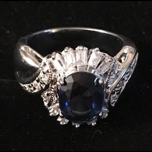 Vtg Silver Tone Halo Sapphire CZ Stone Ring 9